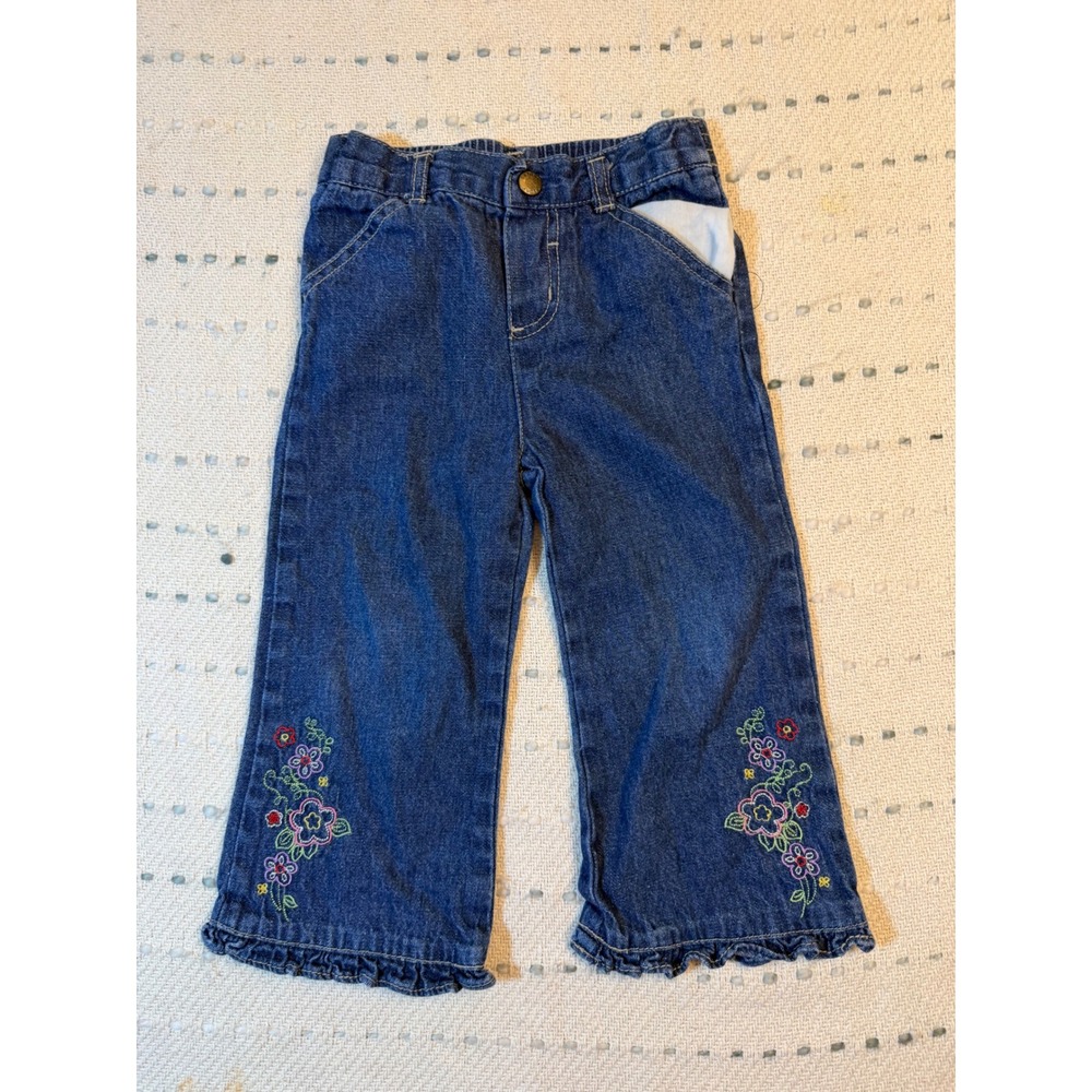Faded Glory Infants 24 Months Embroidered Floral Ruffle Hem Denim Jeans Blue